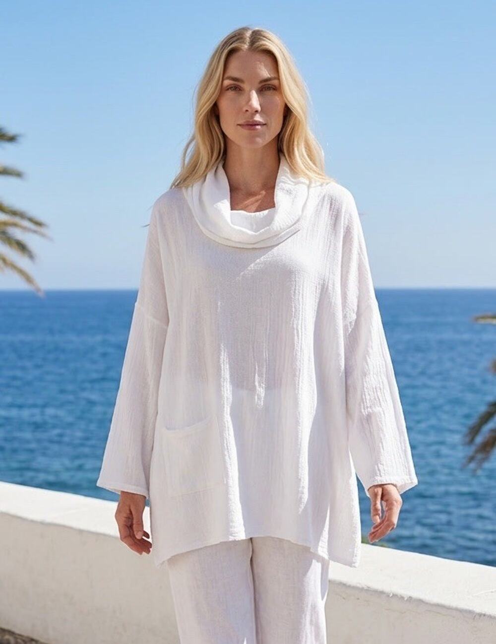 Oh My Gauze! One Size 100% Cotton Tunic Top White Cowl Neck Oversized Lagenlook